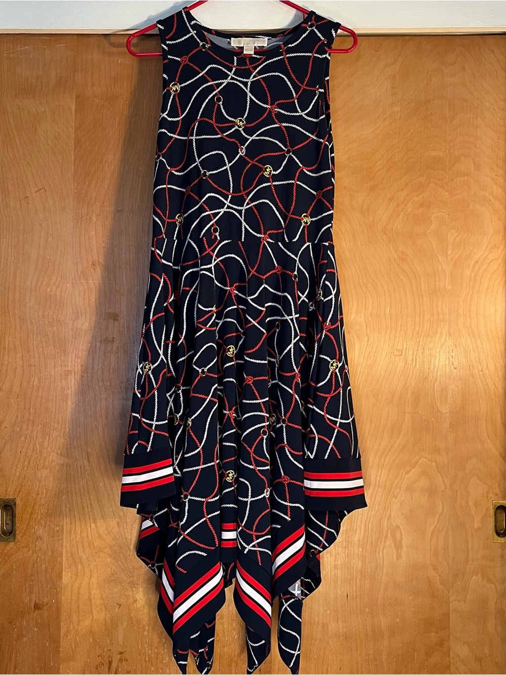 Michael Kors Navy Handkerchief Hem Skirt with Red and White Rope Print